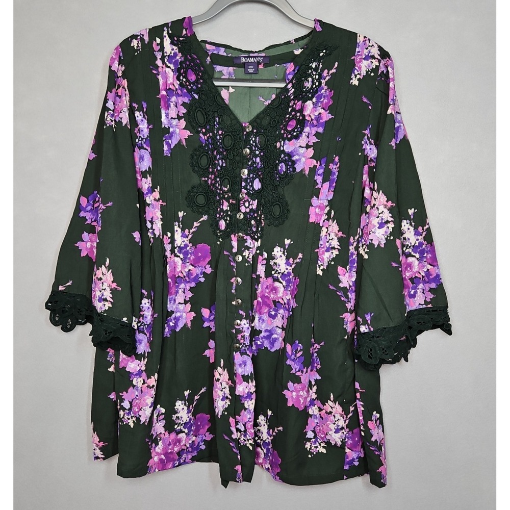 Romans Womens Black Purple Floral Pintuck V Neck 3/4 Sleeve Blouse Size 18W
